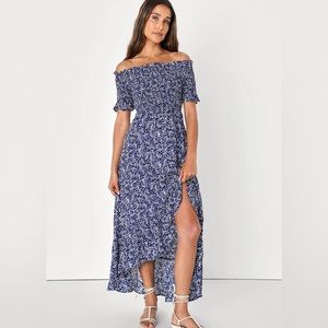 Lulu’s Size L Fleur-tation Navy Blue Floral Print Off-the-Shoulder Midi Dress